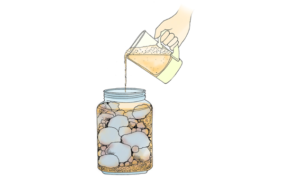 drawing of water being poured into jar containing rocks, pebbles, and sand